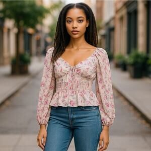 Express Babydoll V-Neck Floral Cottage Core Shirred Waist Long Sleeve Top Lg NWT